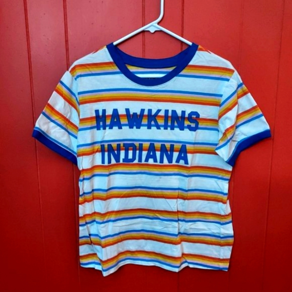 Stranger Things Hawkins Indiana Striped Shirt Top Size Large Netflix